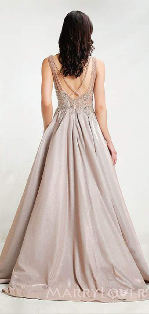 A-Line Sparkly Beaded V Neck Long Evening Prom Dresses, Cheap Custom Prom Dresses, MR7825