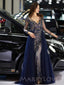 A-line Long Sleeves NavyBlue Tulle Appliques Lace Long Evening Prom Dresses, MR7826