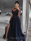 One Shoulder Long Sleeves Navy Blue Satin A-line Appliques Long Evening Prom Dresses, Cheap Custom Prom Dresses, MR7833