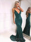 Mermaid Dark Green Sequin Spaghetti Straps Long Evening Prom Dresses, Cheap Custom Prom Dresses, MR7836