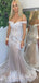 Off Shoulder Champagne Mermaid Tulle Lace Long Evening Prom Dresses, Wedding Dresses, MR7837