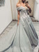 Off Shoulder A-line Grey Tulle Appliques Long Evening Prom Dresses, Cheap Custom Prom Dresses, MR7838
