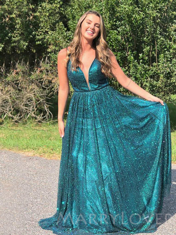 Sexy Deep V-neck A-line Jade Tulle Sparkly Spaghetti Straps Long Evening Prom Dresses, Cheap Custom Prom Dress, MR7839