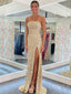 Gold Sequin Strapless Long Mermaid Evening Prom Dresses, Cheap Custom Prom Dresses, MR7854