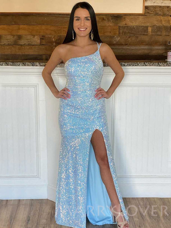 One Shoulder Sky Blue Sequin Long Mermaid Evening Prom Dresses, Cheap Custom Prom Dresses, MR7857