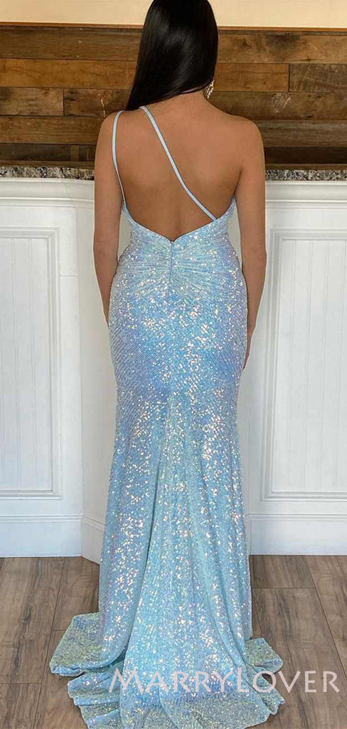 One Shoulder Sky Blue Sequin Long Mermaid Evening Prom Dresses, Cheap Custom Prom Dresses, MR7857