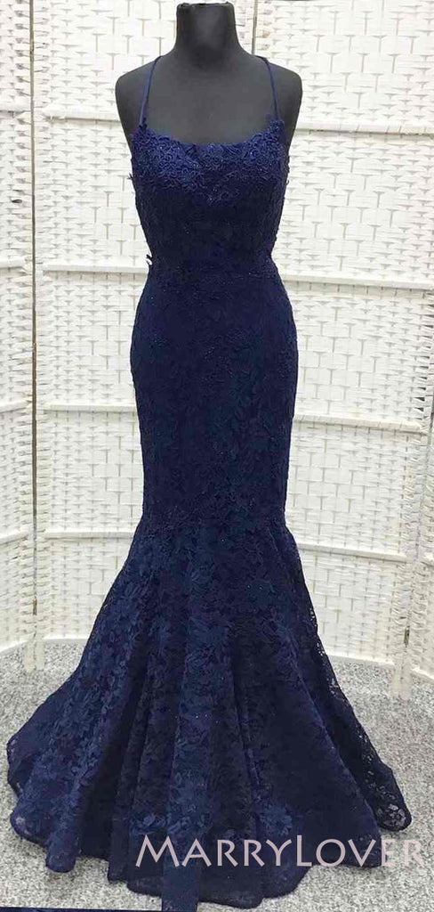 Mermaid Navy Blue Lace Spaghetti Straps Appliques Long Evening Prom Dresses, MR7871