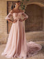 Off ShoulderTulle A-line Half Sleeves Appliques Lace Long Evening Prom Dresses, MR7898