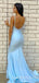 Sexy Mermaid Sky Blue Satin Spaghetti Straps Long Evening Prom Dresses, Cheap Custom Prom Dress, MR7902