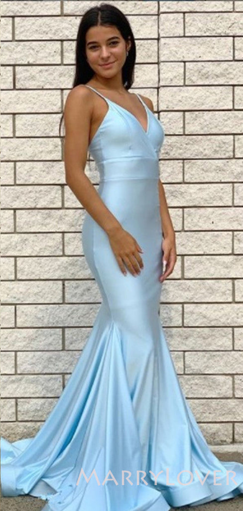 Sexy Mermaid Sky Blue Satin Spaghetti Straps Long Evening Prom Dresses, Cheap Custom Prom Dress, MR7902