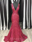 Deep V-neck Burgundy Sequin Mermaid Long Evening Prom Dresses, Cheap Custom Prom Dresses, MR7912