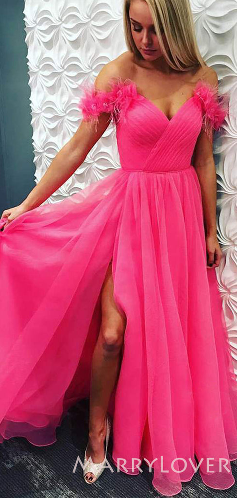 Off Shoulder Hot Pink Tulle A-line Long Evening Prom Dresses, MR7916