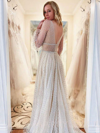 Champagne Tulle Long Sleeves A-line Beaded Long Evening Prom Dresses, MR7925