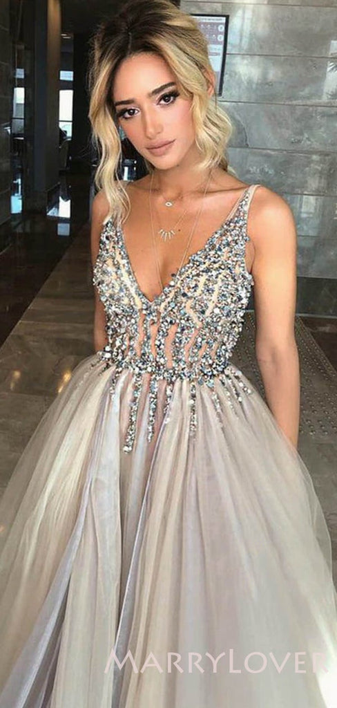 Deep V-neck Grey Tulle See Through Beaded Long Evening Prom Dresses, V-back Prom Dress, MR7929