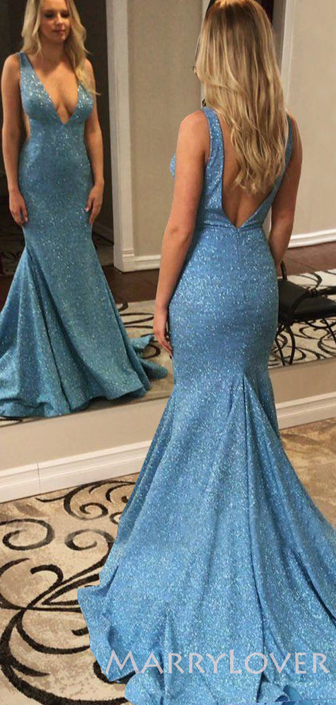 Sexy Deep V-neck Dusty Blue Sparkly Long Mermaid Evening Prom Dresses, MR7946