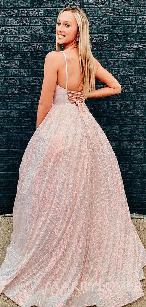 A-line Pink Sequin Spaghetti Straps Long Evening Prom Dresses, Cheap Custom Prom Dresses, MR7966