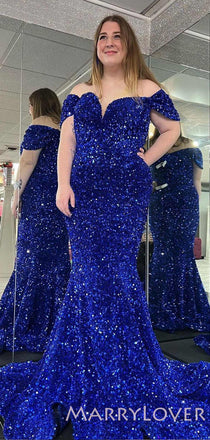 Off Shoulder Royal Blue Sequin Mermaid Long Sweet heart Evening Prom Dresses, Cheap Custom Prom Dresses, MR7983