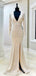 Long Sleeves Deep V-neck Champagne Sequin Mermaid Long Evening Prom Dresses, Cheap Custom Prom Dresses, MR7984