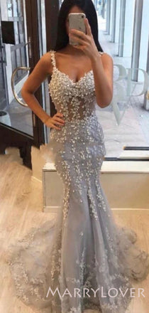 Mermaid Grey Tulle Appliques Spaghetti Straps Lace Long Evening Prom Dresses, MR7996