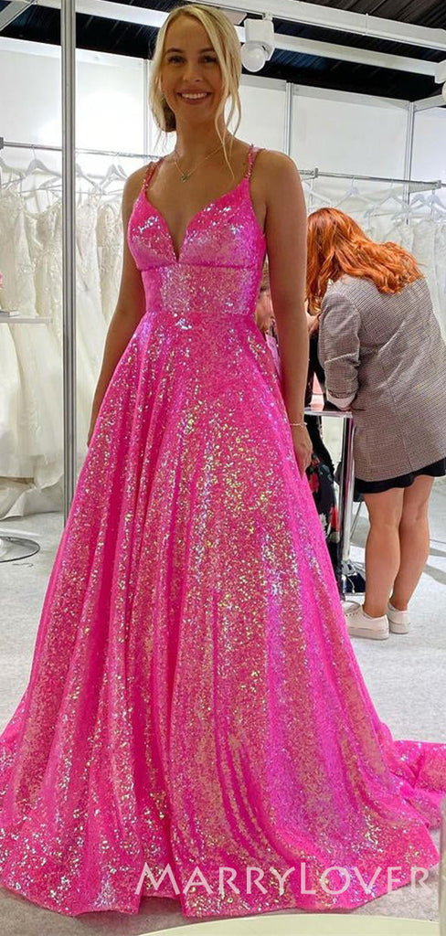 Hot Pink Sequin Sparkly A-line Long Halter Evening Prom Dresses, MR8020