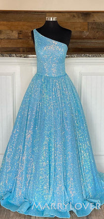 One Shoulder Hot Pink Sequin Sparkly A-line Long Evening Prom Dresses, MR8030