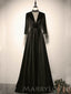 Long Sleeves Black Satin V-ncek Long Mermaid Evening Prom Dresses, Cheap Custom Prom Dress, MR8040