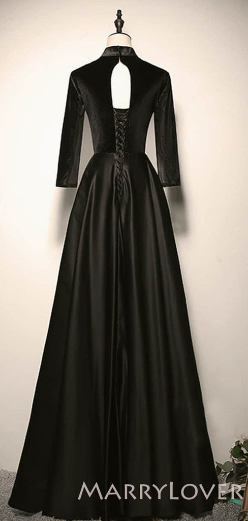 Long Sleeves Black Satin V-ncek Long Mermaid Evening Prom Dresses, Cheap Custom Prom Dress, MR8040