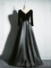 Long Sleeves Black Satin/Velvet  V-ncek Long Evening Prom Dresses, Cheap Custom Prom Dress, MR8042