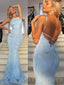 Mermaid Sky Blue Lace Spaghetti Straps Long Backless Evening Prom Dresses, MR8056