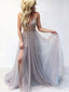 A-line See Through Tulle Beaded Long Spaghetti Straps Evening Prom Dresses, MR8058