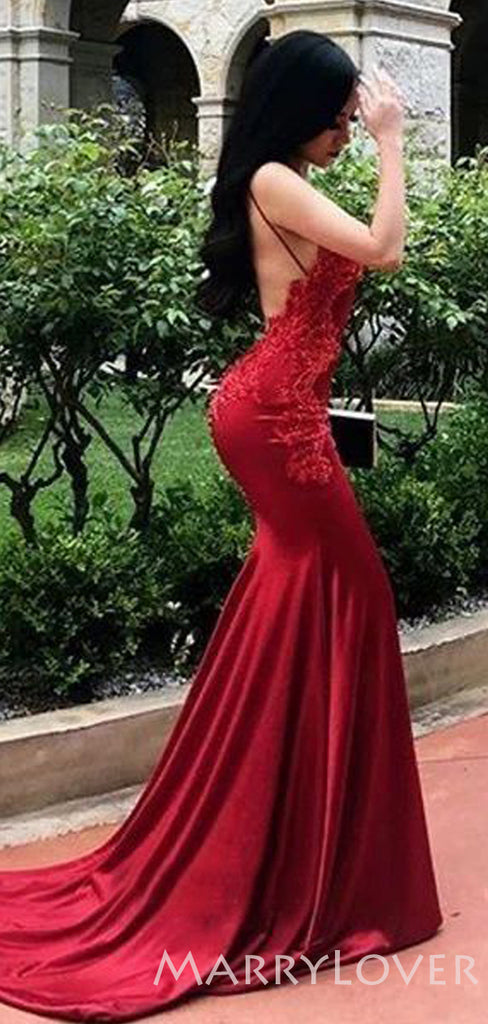 Mermaid Burgundy Satin Spaghetti Straps Appliques Long V-neck Evening Prom Dresses, Cheap Custom Prom Dresses, MR8072