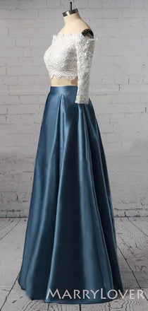 Off Shoulder A-line Satin Lace Long Two Pieces Evening Prom Dresses With Pocket , MR8084