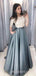 Off Shoulder A-line Satin Lace Long Two Pieces Evening Prom Dresses With Pocket , MR8084