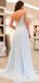 A-line Sky Blue Chiffon Beaded Long Evening Prom Dresses, MR8107
