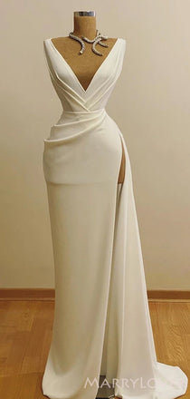 Deep Vneck White Satin Mermaid Long High Slit Evening Prom Dresses, Cheap Custom prom dresses, MR8111