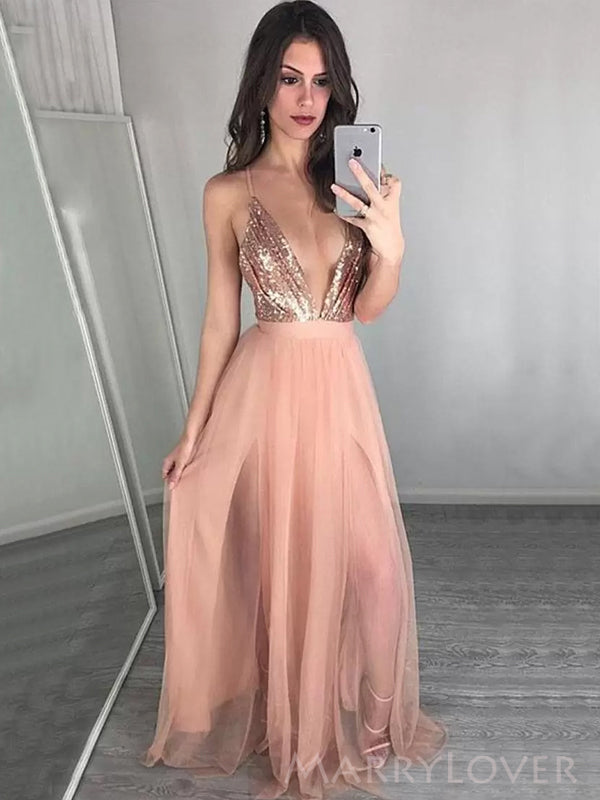 Sexy Deep V-neck Coral Sequin Long Spaghetti Straps Evening Prom Dresses, Cheap Custom Prom Dresses, MR8116