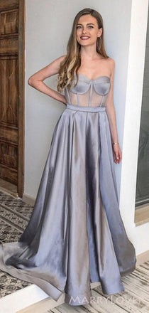 See Through Grey Satin Strapless Long A-line Evening Prom Dresses, MR8120