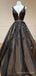 A-line Black Tulle Appliques V-neck Long Evening Prom Dresses, MR8124