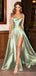 Spaghetti Straps Green Satin Long Side Slit Evening Prom Dresses, MR8147