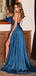 Spaghetti Straps Green Satin Long Side Slit Evening Prom Dresses, MR8147