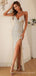 Spaghetti Straps Silver Sequin V-neck Long Mermaid Evening Prom Dresses, Cheap Custom Prom Dresses, MR8153