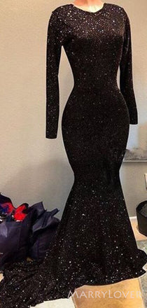 Long Sleeves Black Sequin High Neck Long Mermaid Evening Prom Dresses, Cheap Custom Prom Dresses, MR8158