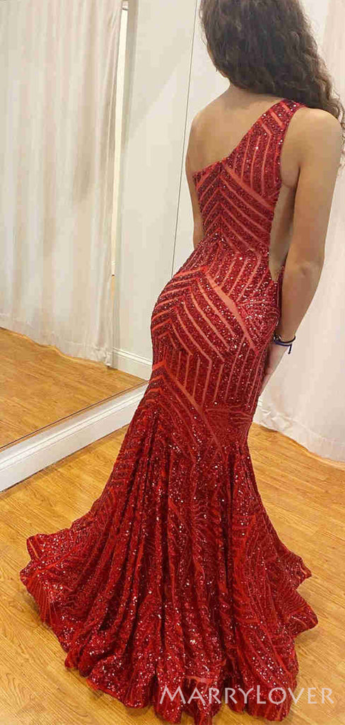 One Shoulder Red Sequin Mermaid Long Evening Prom Dresses, Cheap Custom Prom Dresses, MR8160