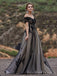 Off Shoulder Black Tulle Appliques A-line Long Evening Prom Dresses, MR8183
