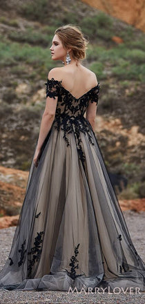 Off Shoulder Black Tulle Appliques A-line Long Evening Prom Dresses, MR8183