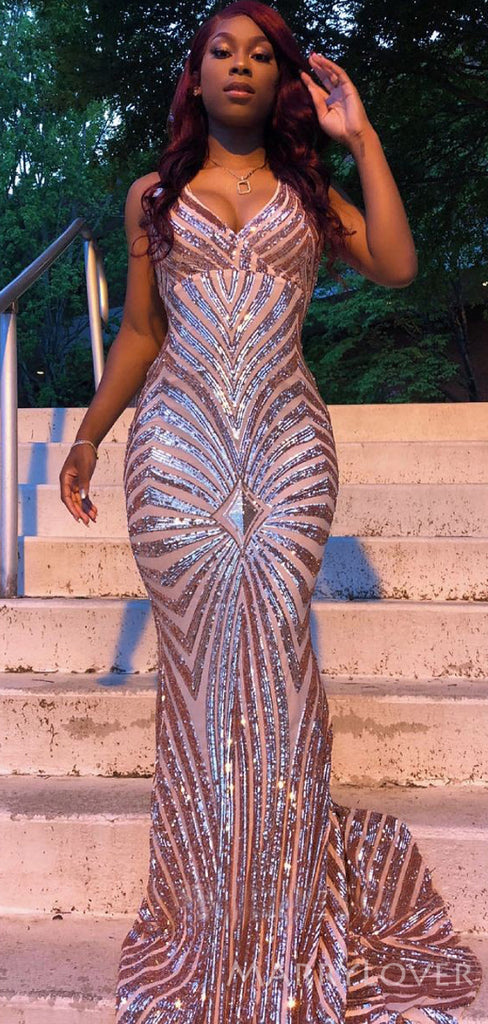 Spaghetti Straps Gold Sequin Long Mermaid Evening Prom Dresses, Cheap Custom Prom Dresses, MR8186