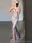 Long Mermaid Evening Prom Dresses, Spaghetti Straps Gold Sequin Custom Prom Dresses, MR8187