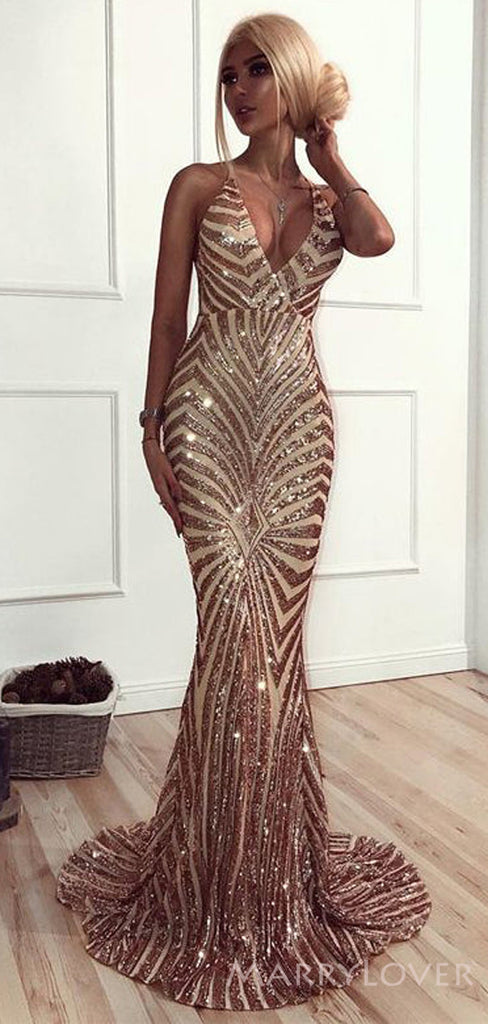 Long Mermaid Evening Prom Dresses, Spaghetti Straps Gold Sequin Custom Prom Dresses, MR8187