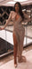 Gold Sequin Side slit Long Evening Prom Dresses, Long Sleeves Mermaid Custom Prom Dresses, MR8188