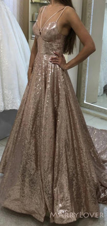 A-line Silver Sequin Long Evening Prom Dresses, Spaghetti Straps Custom Prom Dresses, MR8191